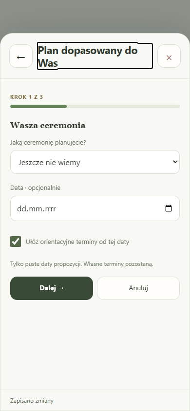 Rzeczywisty ekran przygotowań w Weddays